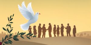 Dove and olive branch with diverse people shaking hands.