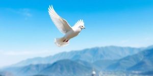 Dove in flight over a peaceful landscape with mountains.