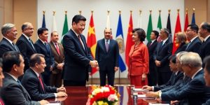 Xi and Wang Yi with international leaders in diplomatic meeting.