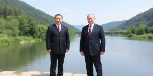 Xi Jinping and Vladimir Putin by a peaceful river.