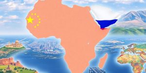 Map of Africa with China and Russia flags.
