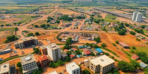 Aerial view of African landscapes and construction projects.