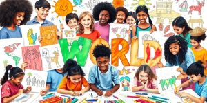 Youth artists from different cultures creating art together.